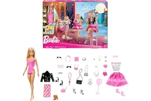 Barbie-Puppe Adventskalender mit 24 Kleidungsstücken und Accessoires, einschließlich Jacke, Rock, Schuhe, Handtaschen sowie EIN Hündchen und eine Blonde Puppe, JFL63