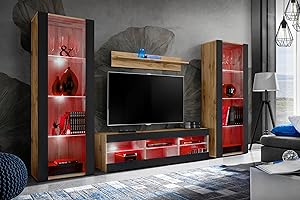 Komodee Wohnwand Wohnzimmerset Tivoli Grande, Schwarz/Wotan, Breite 250cm x Höhe 159cm x Tiefe 35cm, Mehrfarbige Beleuchtung, für Wohnzimmer, Schlafzimmer