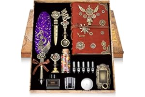 Oauir Gusix Quill Pen Ink Set,Feather Pen Ink Set With Quill Pen,Notebook,5 Replaceable Nibs,Seal Stamp,Spoon,Wax Beads,White Wax,Ink,Pen Holder,Cup,Envelope,Letter Paper,Envelope Tool(Purple)