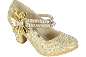 STYLO ONLINE Girls Diamante Shoes Kids Bridesmaid Wedding Prom Strappy Mary Jane Style Court Shoe Children Block Low Mid Heel Touch Fastening Party Formal Evening Dress Sandals