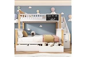 TZCIN Etagenbett für 3 Kinder, Kinderbett mit 2 Unterbett Schubladen und 4 Speicherung Treppe, 90x200cm +140x200cm Funktionsbett Stockbett Hochbett Jugendhochbett mit Tafel und Rausfallschutz, Weiß+Helle