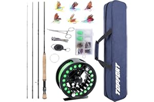 TOPFORT Fliegenfischrute und Rolle Combo Starter Kit, 4-teiliges leichtes Ultra-tragbares Graphit-Fliegenrute, komplettes Starterpaket mit Tragetasche