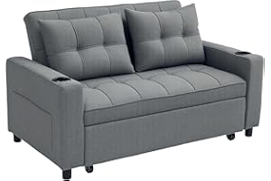 HOMCOM 2 Seater Sofa Bed, Linen Click Clack Sleeper Sofa with Pull Out Design, 2 Pillows, Cup Holders, Side Pockets, Convertible Loveseat Bed Settee for Living Room, 157x190cm, Charcoal Grey