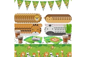 PIXHOTUL Lot de 102 fournitures de fête sur le thème de la jungle : assiettes en carton avec animaux, nappe, drapeau de safari, serviettes, gobelets en carton, fournitures de fête sur le thème du safari pour