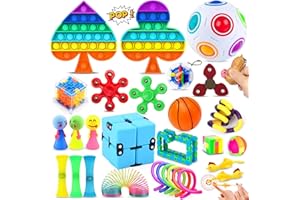 Chennyfun Rainbow Fidget Toy Set, 30 Pcs Sensory Toys for Autism ADHD, Stress Reliever with Toy Box Push-It Toy, Infinite Cube, Stress Ball Anti-anxiety Birthday Gift for Teen Children Adult