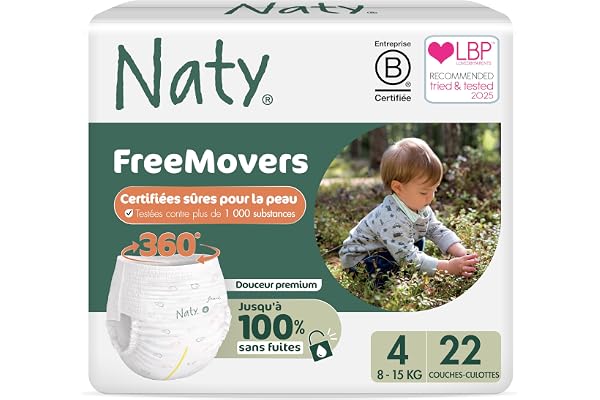Naty FreeMovers Couches-Culottes | Pants d’Apprentissage Certifiées Peaux Sensibles | Douces, Sans Parfum | Absorbantes & Anti-Fuites | Bébé & Enfant | Taille 4 (8–15 kg), 22 Unités