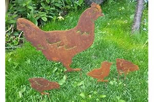 ‎LB H&F LB H&F Lilienburg Gartendeko 4er Set Hühner Hühnerfamilie - Henne mit 3 Küken - Set Roststecker Rost Metall wetterfest (Hühner Set)