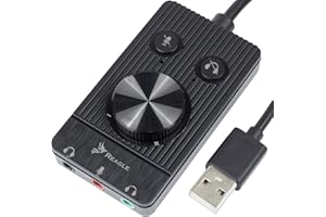 Reagle Zewnętrzna karta dźwiękowa USB – 48 kHz/16-bit audio, złącza jack 3,5 mm, Plug & Play, regulator głośności, wyciszenie mikrofonu i słuchawek, kompatybilna z Windows, Mac OS, Linux