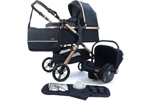 Pixini Carrozzina Nelio 3in1 (incl. seggiolino auto, parapioggia, borsa fasciatoio,...) (oro/imitazione pelle nero)