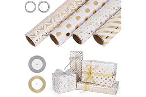 GuKKK Papier Cadeau 43cm x 3 M, 4 Rouleaux De Papier d'emballage Cadeau et 2 Rouleaux de Ruban, Papier Cadeau Rouleau Anniversaire, pour Anniversaire, Noël, Vacances, Mariage, Cadeau de Naissance