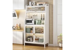 Fiutazge 160 Cm Alacena de Cocina,Mueble Buffet de Cocina con Ruedas,Armario Buffet con Estantes Ajustables y Puertas Visibles,Armarios Blancos,Armarios Multiusos,Vitrina 86 X 36 X 160cm