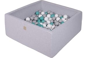 MEOWBABY Bällebad Baby - Quadrat 90x90x40cm Baby Pool für Kinder mit 200 Bälle, Baumwolle, Hellgrau: Türkis/Grau/Weiß