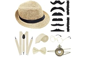ELECLAND 10-teiliges 1920er Jahre Herren Kostümzubehör Set Roaring Retro Gangster Kostüm, Hut, Fliege, Taschenuhr, Hosenträger, Brille, Bart, Armband, Strumpfbänder, Taschenuhr