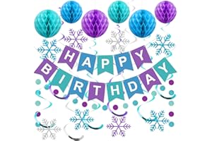 LSOAR Frozen Birthday Party Dekorationen, Happy Birthday Banner mit Wabenbälle, Schneeflocke Hängende Wirbel Luftschlangen, Kreis Punkte Girlande Dekorationen, Geburtstagsdekorationen für Jungen Mädchen