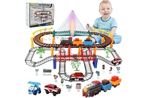 KIMIGO Juego de Tren para Niños,141 Piezas Tren Juguete Electricos con Rieles y Vías para Automóviles,Luces y Sonidos,Juguetes de Pista para Coches,Circuito Coches Navideños Regalos 3 4 5 6 7 8 Años