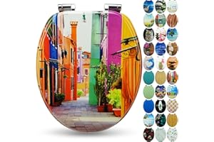 Sanfino® Premio Sedile WC ammortizzato - Copriwater Universale di alta qualità in legno, tanti motivi colorati, seduta comoda, facile da montare con istruzioni di montaggio incluse - "Colorful Houses"