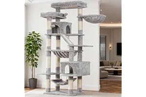 Heybly Kratzbaum, 180 cm Hoher Katzenturm für Wohnungskatzen mit 2 Plattformen, 2 Großen Schlafhäusern, 2 Hängematten, Korb und Kratzbrett, Großes Katzenmöbel mit Schlafplatz, Hellgrau HCT034W