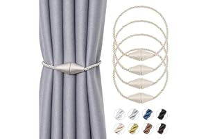 Pretty Jolly 4 Pack Upgrade Magnetic Curtain Tiebacks 16 Inch Handmade Weave Rope Curtain Holdbacks Convenient Decorative Cone Curtain Drape Tie Backs for Home & Office Window Drapery (New Beige)