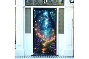 arricraft 1 Pc Enchanted Forest Polyester Door Cover, Magic Forest Party Backdrop Banner Door Porch Sign Photography Background for Indoor Outdoor Porch Home Decor Accessories