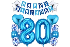 Feelairy Geburtstagsdeko 80 Jahre Mann, Luftballon 80. Geburtstag Deko Männer, Happy Birthday Deko Folienballon 80 Jahre Geburtstag Männer, Blau Ballon 80. Geburtstag Mann Party Dekoration Set