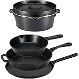 Amazon Basics - Batteria da cucina in ghisa pretrattata, 5 pezzi, Nero