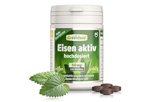 ‎GREENFOOD Eisen aktiv, hochdosiert, 50mg - 120 Tabletten, vegan. Eisenbisglycinat - gut verträglich - gegen Müdigkeit & Erschöpfung, Eisenmangel. OHNE künstliche Zusätze - laborgeprüft. Von Greenfood.
