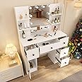 Guanglai Vanity Desk with Large Storage Shelves, Mirror with Lights, Makeup Vanity Set with Drawers & Cabinet, 3 Lighting Color Adjustable, White