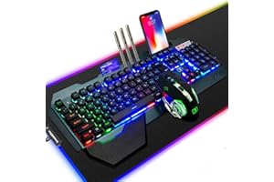 LexonElec Wireless 2.4G Akumulatorowy zestaw mysz i klawiatura 3800mAh, duża pojemność, tęczowe podświetlenie, klawiatura do gier 2400DPI, 7 kolorów, mysz RGB z 6 przyciskami i podkładką