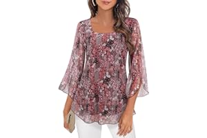 Syphiby Womens Blouses Ruffle 3/4 Sleeve Tunic Tops Loose Flowy Square Neck Chiffon Top Double Layers Mesh Shirts M-3XL