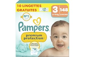 Pampers Premium Protection Taille 3, 148 Couches, 6-10kg, Double Protection Pour La Peau et Contre Les Fuites + 10 Lingettes Harmonie Aqua Gratuites
