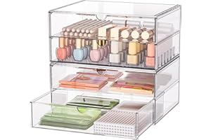 SortNStore Große Kosmetik Organizer mit 4 Breiten Schubladen: 2er-Set Acryl Organizer mit Anti-Rutsch-Pads | Stapelbare Schubladenbox für Schminktisch, Schlafzimmer, Badezimmer