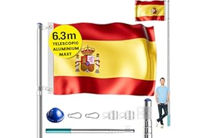 MONZANA® Telescopic Aluminium Flagpole Mast | 6.3m / 20FT | With Spain Flag | Compatible With 90 x 150 cm Flags | 630 cm Mast Including 60 cm Stable Ground Socket