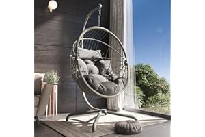 Blisswood Rattan Hanging Egg Chair with Cushion & Stand – Indoor & Outdoor Swing Chair for Garden, Patio or Balcony – Foldable Wicker Pod Chairs – Supports Up to 150kg (Light Grey)