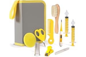 PewinGo Set para Cuidado del Bebé & Cosas para Bebes - 10 Piezas Kit de Aseo para Bebés,Cortador de Uñas Cepillo de Dientes de, Fácil de Transportar y Adecuado para Viajar y el Uso Diario - Amarillo