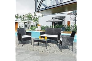 Ikodm Juego de 7 muebles de balcón de polirratán, incluye sofá, sillas individuales, mesa y cojín de asiento, muebles de jardín de jardín, color negro (GOL-4778-M1z)