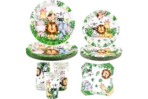 LSJDEER Safari Jungle Birthday Tableware Set - Wild One 1st Birthday Decorations - Dinner Plates Desserts Plates Cups Napkins for Animal Party Supplies, Serves 20 (20)