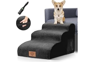 HEVOL Scale per cani a 3 gradini, rampa per cani in schiuma ad alta elasticità, con rivestimento imbottito lavabile e spugna 30D, scale per cani antiscivolo per montare divano e letto, nero