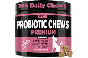 PETSY Probiotics for Dogs 5BIL CFUs FOS, PreBiotics, 12 Strains Good Bacteria Gut Skin Immune Itch Diarrhoea Premium Formula |100 Salmon Flav Daily chews | All ages Breeds| Dog Probiotics Gut Health Care