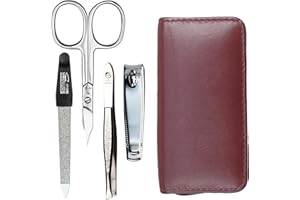 ‎SONNENSCHEIN BY HANS KNIEBES Maniküre Set 4 teilig Reise Etui - Nagelschere, Nagelknipser, Nagelfeile und Pinzette - Etui aus echtem Nappa-Lammleder - Maniküre und Pediküre (Bordeaux)