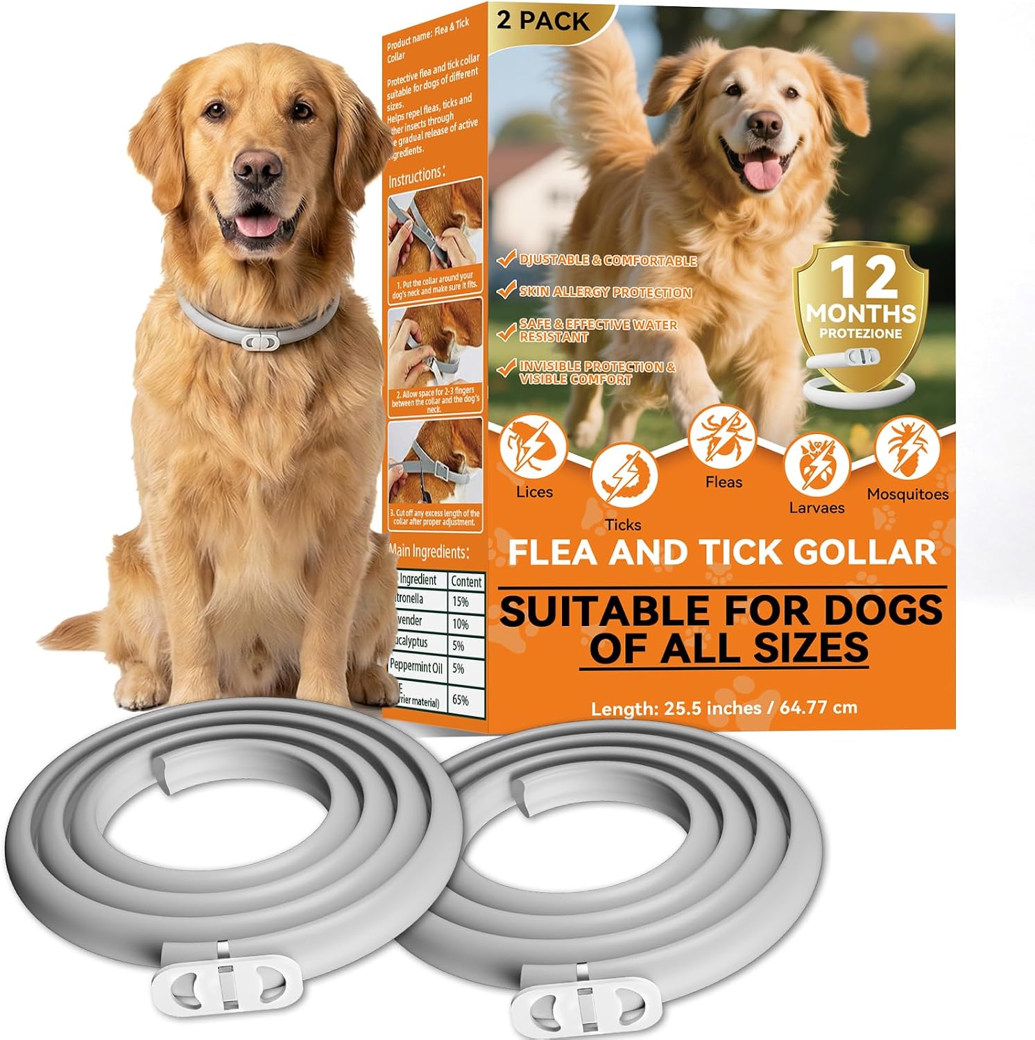 Collar Antiparasitario Perros Impermeable 2PCS, Protección Efectiva contra Pulgas y Garrapatas hasta 8 Meses, Collar Antipulgas Perros Ajustable de 65cm, Ideal para Perros Grandes, Medianos y Pequeños