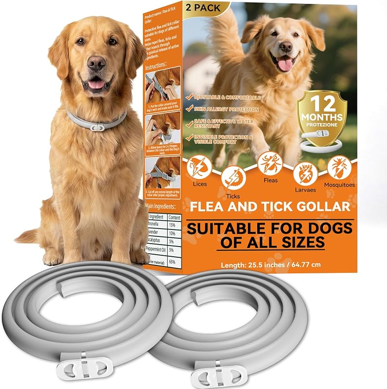 Collar Antiparasitario Perros Impermeable 2PCS, Protección Efectiva contra Pulgas y Garrapatas hasta 8 Meses, Collar Antipulgas Perros Ajustable de 65cm, Ideal para Perros Grandes, Medianos y Pequeños