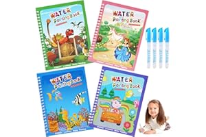 BelleStyle Libro Magico da Colorare con Acqua, 4 Pezzi Riutilizzabili Libro di Pittura con Penna ad Acqua per Bambini, Educativo Giocattolo da Libro da Disegno Regalo per 3 4 5 Anni Ragazzi Ragazze