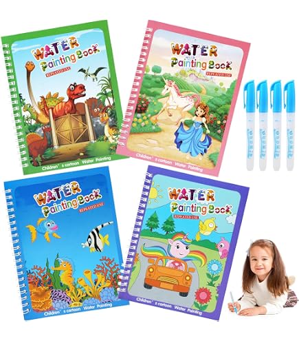Libro De Colorear Con Acuarela Reutilizable – 4 Diseños Temáticos Infantiles – Portátil Y Ligero – Ideal Para Viajes, Coche Y Preescolar – Incluye Pincel