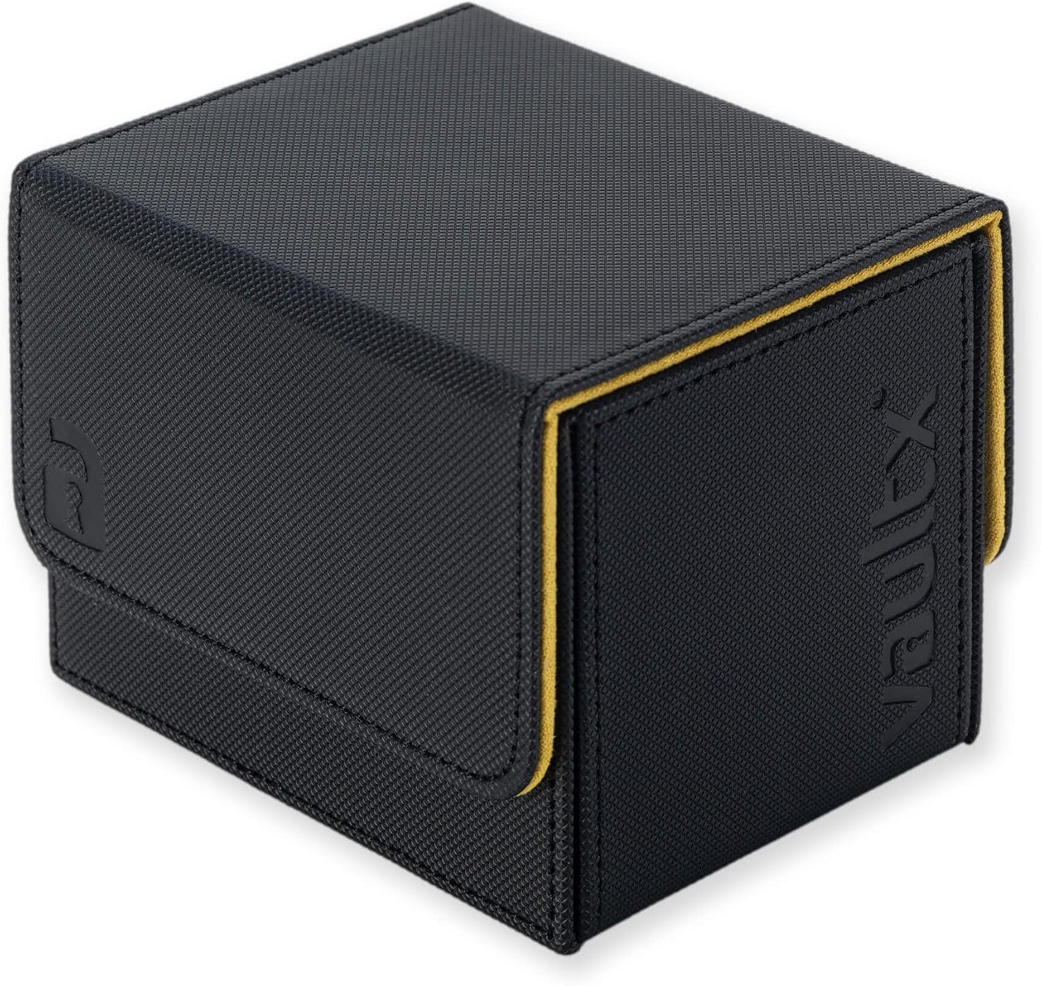 Vault X Caja para mazos de cartas coleccionables de carga lateral, 100+ cartas, material Exo-Tec de primera calidad, tapa magnética extraíble, MTG Commander, TCG (Negro/Amarillo)