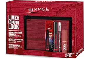 Rimmel London Cofanetto Regalo Live Your London Look, Pochette con Mascara Thrill Seeker, Matita Occhi Scandal'Eyes Kohl Black Waterproof e Rossetto Liquido Thrill Seeker Lip Latex