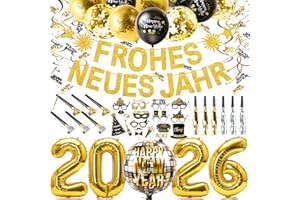 Humairc Silvester Deko 2026 FROHES NEUES JAHR Banner 2026 Folienballon Fotosrequisite Partytröten Luftschlangen 2026 Tischdeko Silvester Deko Frohes Neues Jahr Deko Schwarz Gold