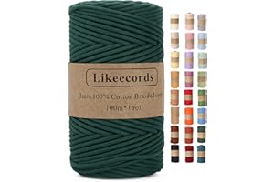 Likeecords Makramee Garn Geflochten 3mm x 100m,100% Natürliches Baumwollschnur Makramee-Schnur, Makramee-Seil, bunte Bastelkordel aus Baumwolle für Taschen, Wandbehänge, Pflanzenaufhänger (dunkelgrün)