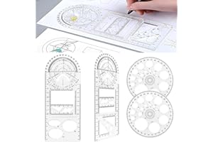 Norhogo 4 Stück Multifunktionales Geometrisches Lineal Set, 2 Dreikantmaßstab, 2 Kreisschablone 360 Grad, Geometrische Zeichnungsschablone Messwerkzeug Lineal