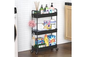 ‎SOLEJAZZ SOLEJAZZ Rollwagen, Küchenwagen mit 3 Ebenen, Schmale Rollwagen Nischenregal auf Rollen für Küche, Bad, Waschküche, Schlafzimmer, schmale Plätze, Kunststoff,mit Griffen, 13 x 40 x 61 cm,Schwarz