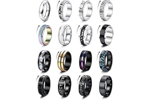 FIOROYAL 16 Piezas Hombres Anillos Acero Inoxidable Plata Negro Banda Cadena Giratorio Anillo Alivio del Estrés Anti Fidget Anillos Boda Compromiso Anillo para Hombre Negro-30